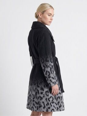 Tribal Black to Gray Ombré Leopard Wool-Blend Belted Trench